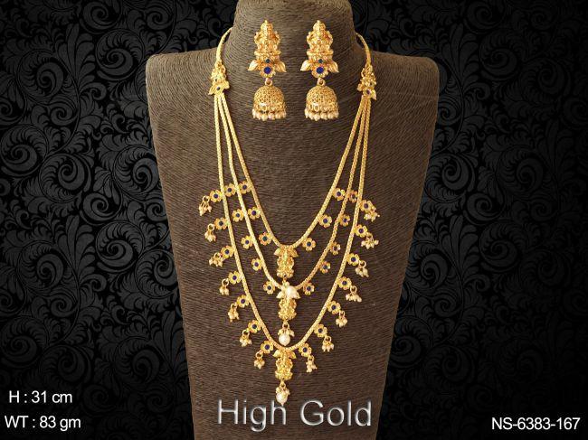 triple line laxmi mata flower design temple necklace set